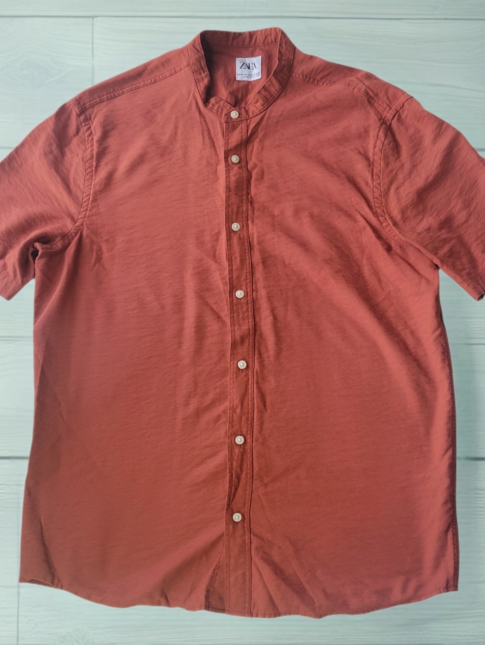 Zara Man, Mandarin Collar Short Sleeve Shirt Burnt Orange Sz M